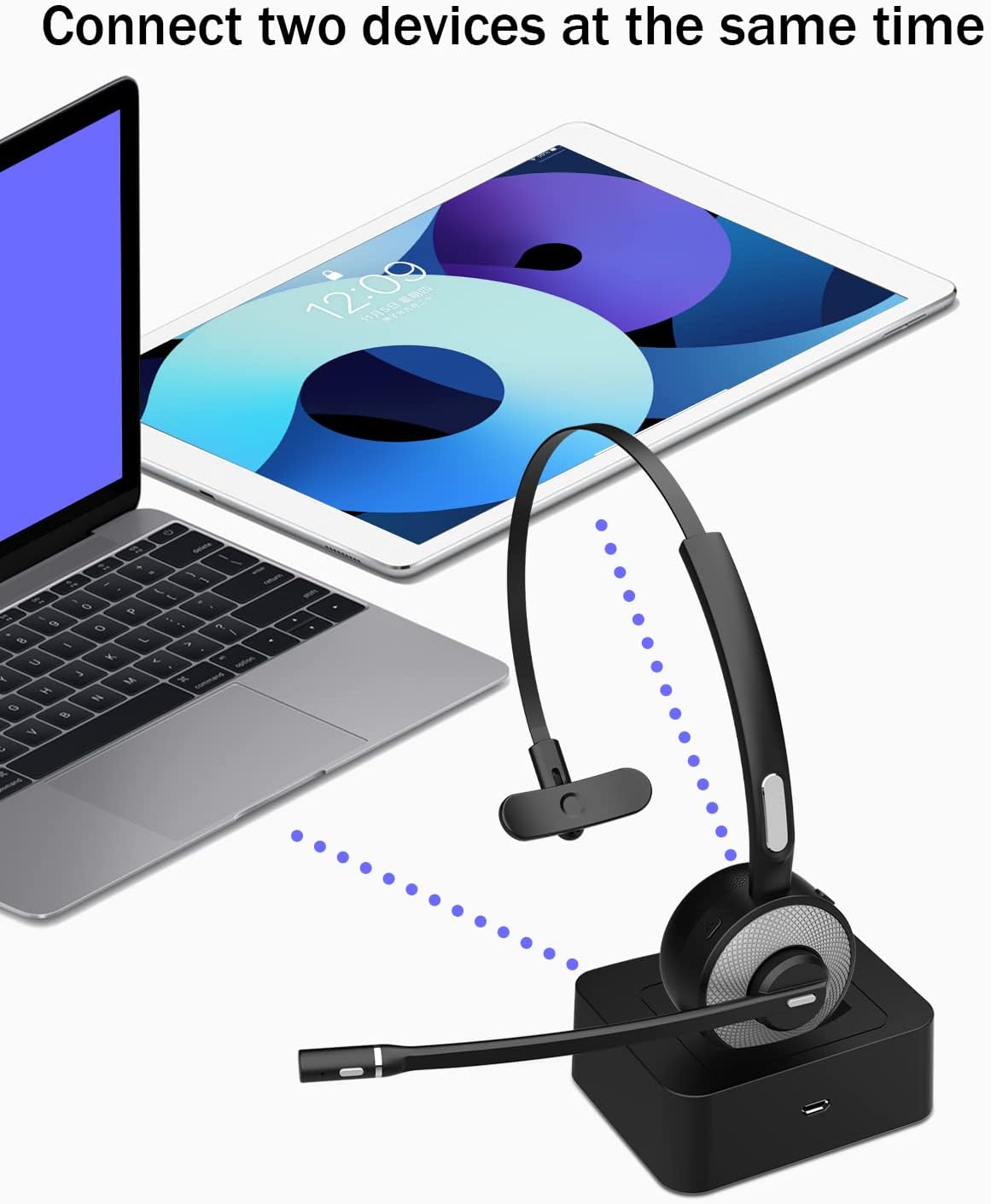 Bluetooth Headset with USB Dongle, Single-Ear Wireless Headset with Noise Cancelling Microphone Charging Base, Pack of 2 Q16573