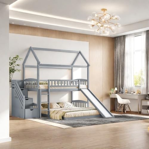 Twin Over Full Bunk Bed with Stairs and Slide, Gray A446