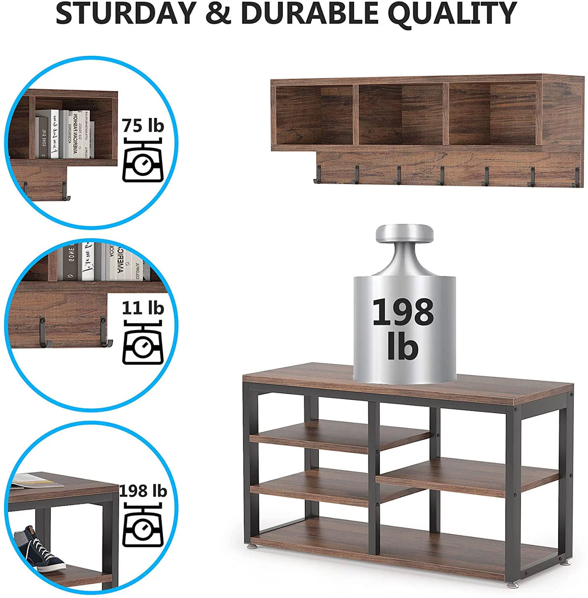 Hall Tree with Bench, 3 Storage Cubbies, 7 Hooks C8238