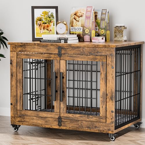 Grey Wooden Dog Crate 32'' with Cushion & Wheels Double Doors I4418