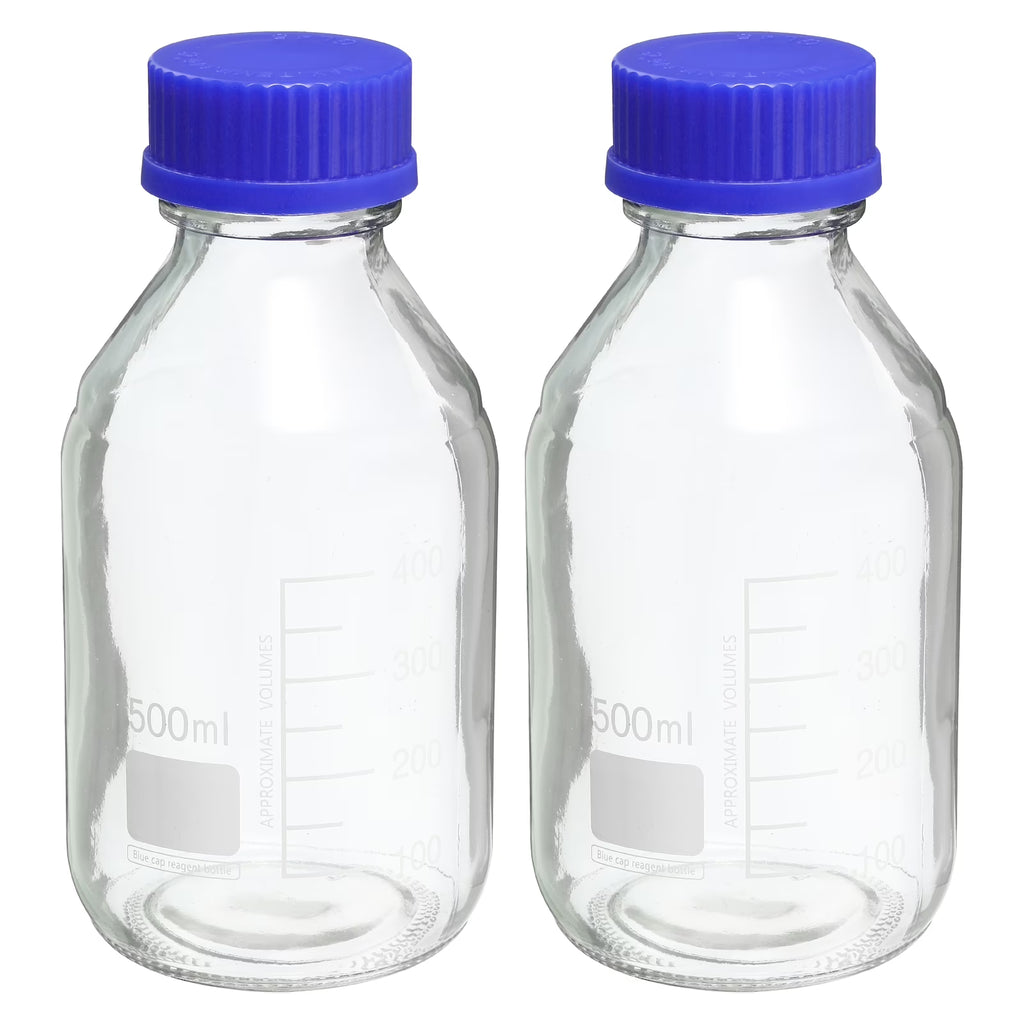 500mL Clear Graduated Glass Storage Bottle Blue Cap 2 Pack U44036