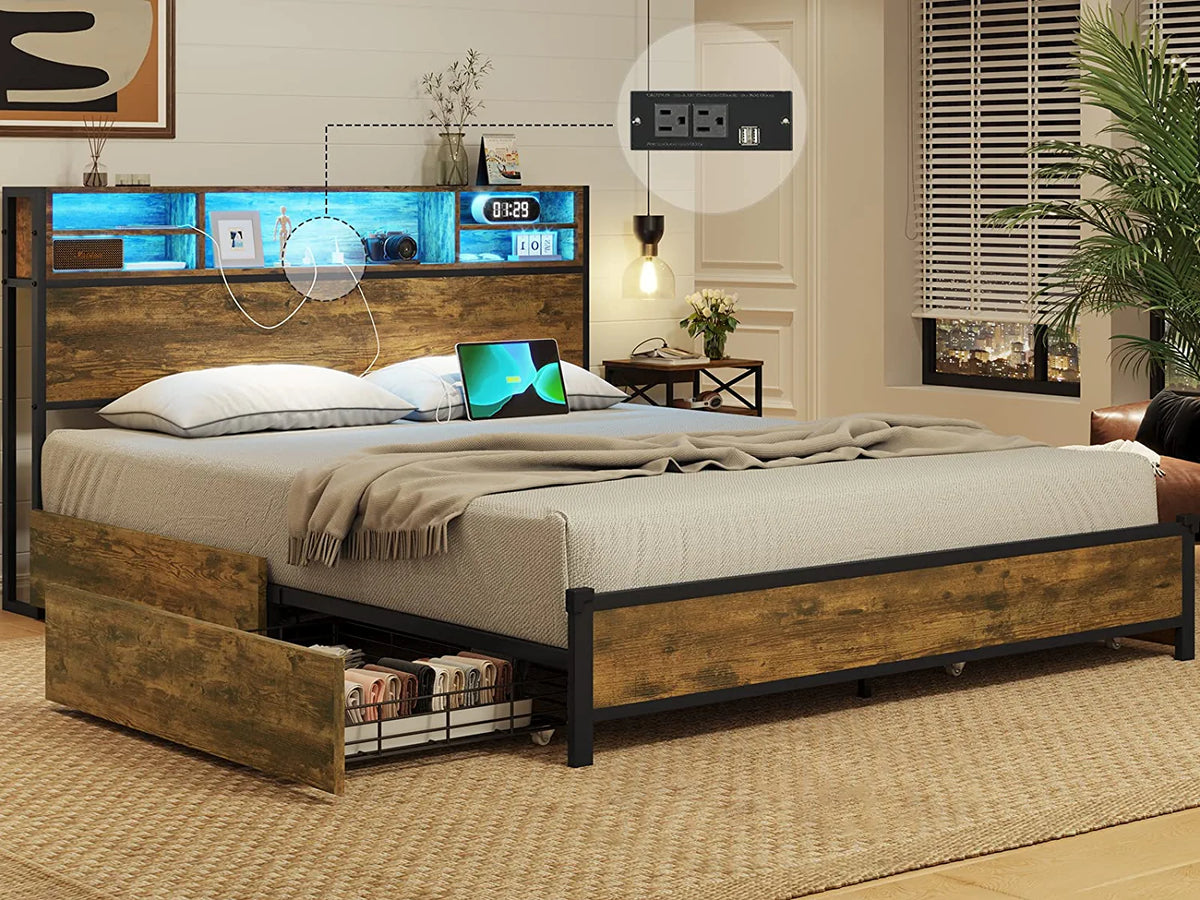 Full Size LED Metal Platform Bed Frame with Storage Drawers S973