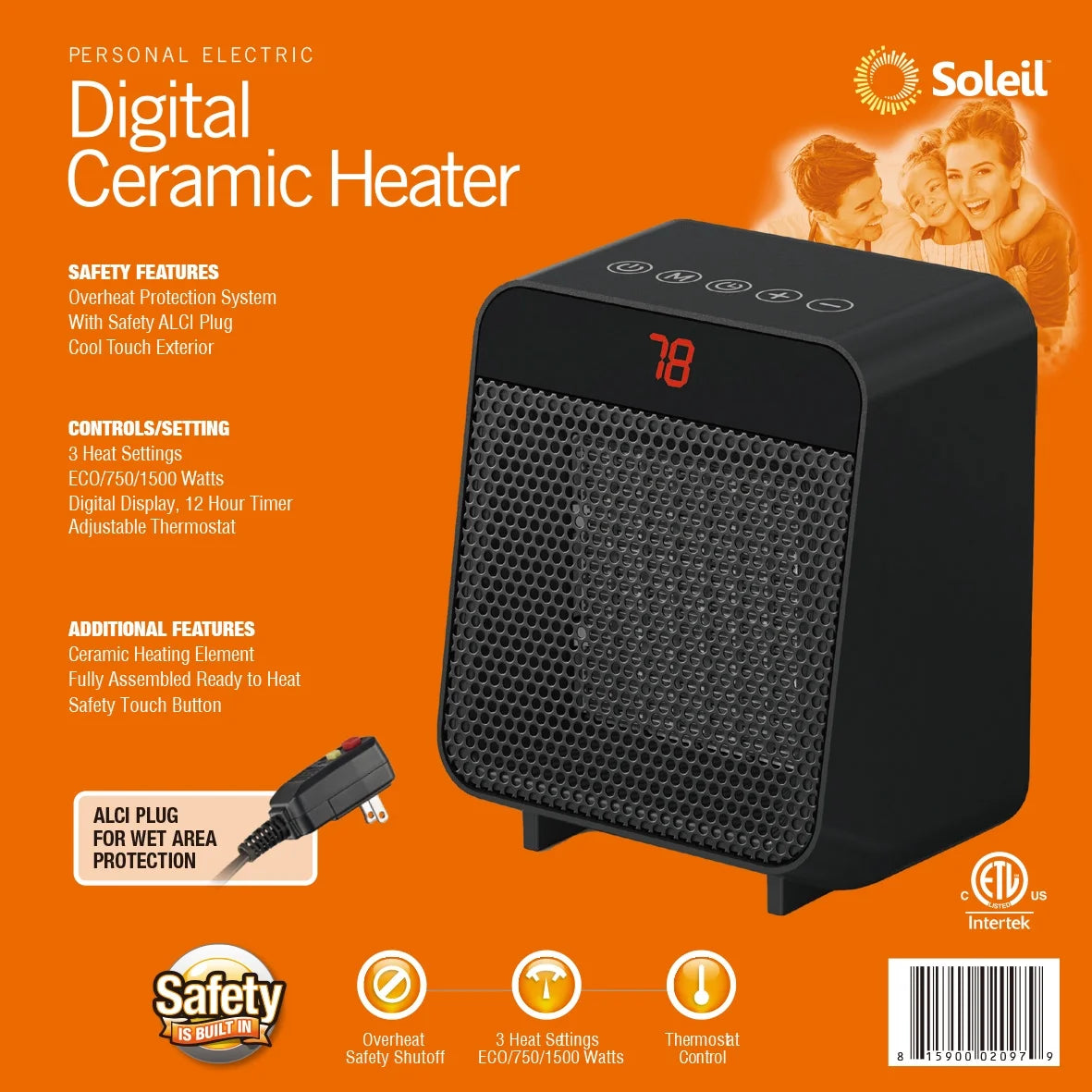 Electric Digital Ceramic Heater 1500W Black U944