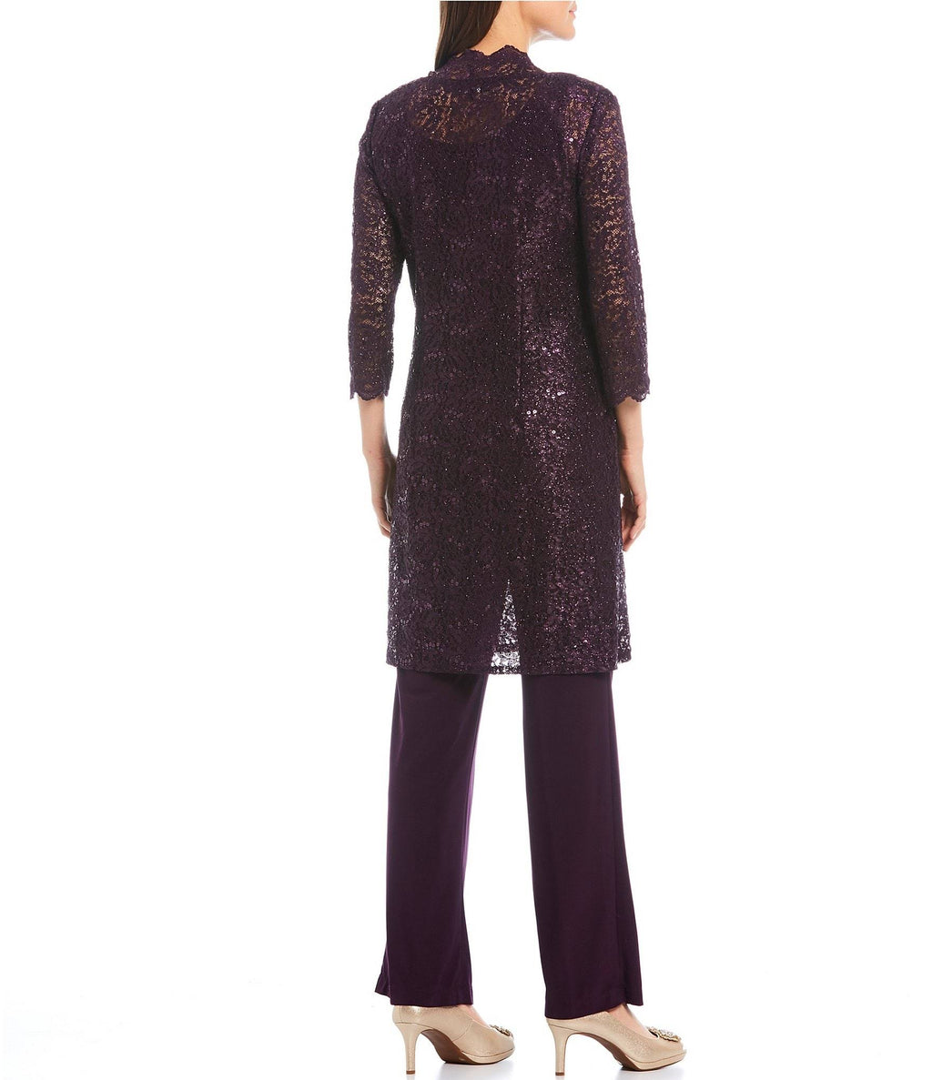 3-Piece Sequin Glitter Scallop Lace Duster Pant Set Y790