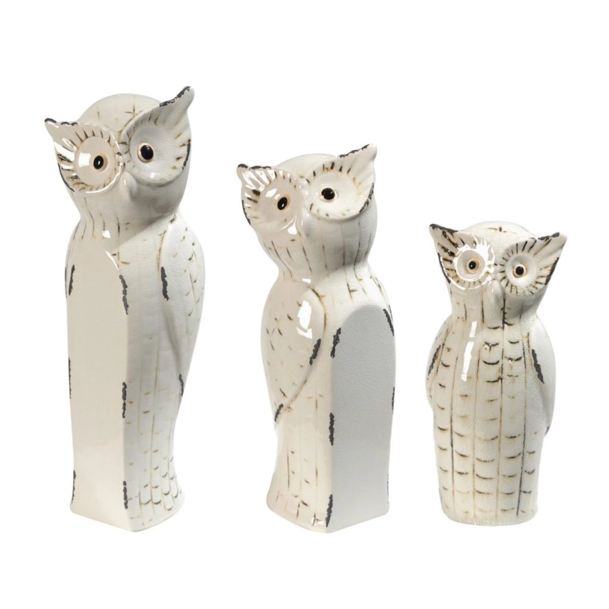 Set of 3 White and Black Owl Figurine Statues E11332