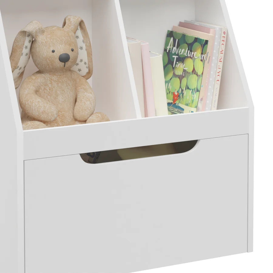 White Wooden Kids Bookcase with Toy Box on Wheels E127763