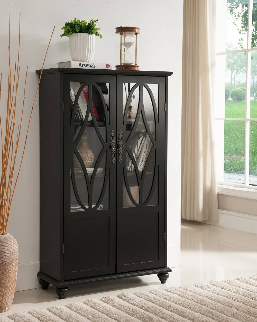 Black Curio Bookcase Cabinet with Glass Doors J836