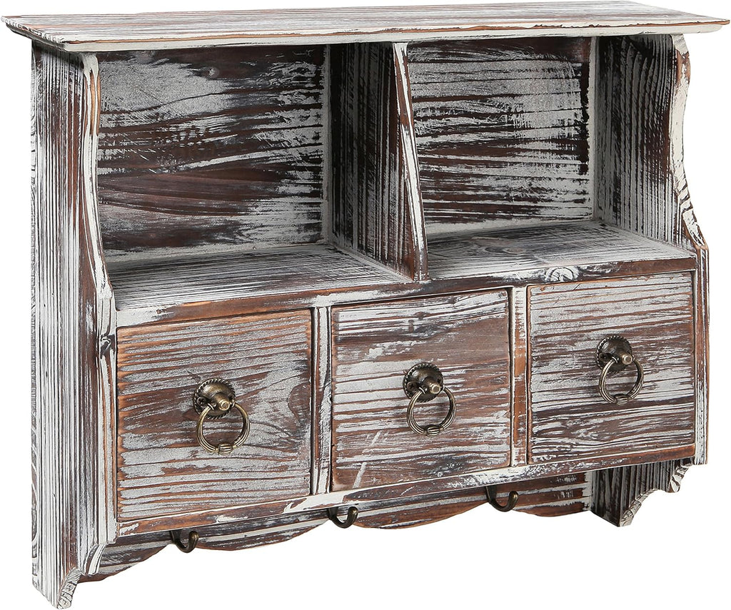 Torched Wood Wall Shelf with 3 Drawers and Key Hooks C921
