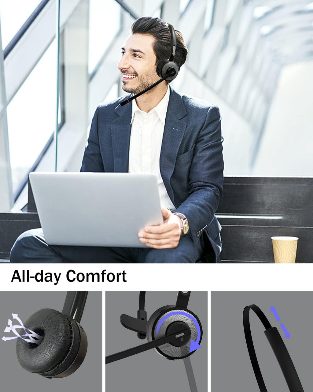 Bluetooth Headset with USB Dongle, Single-Ear Wireless Headset with Noise Cancelling Microphone Charging Base, Pack of 2 Q16573