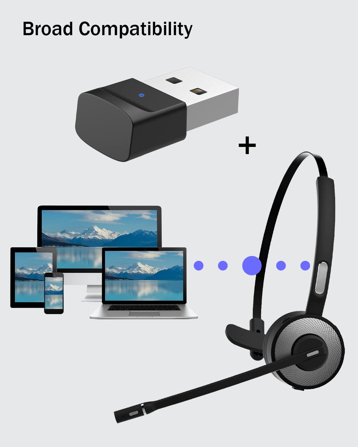 Bluetooth Headset with USB Dongle, Single-Ear Wireless Headset with Noise Cancelling Microphone Charging Base, Pack of 2 Q16573