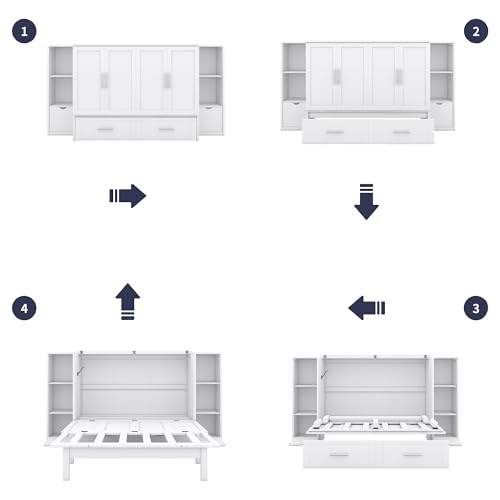 White Queen Size Wood Murphy Bed with Shelves and Storage Drawers A9127