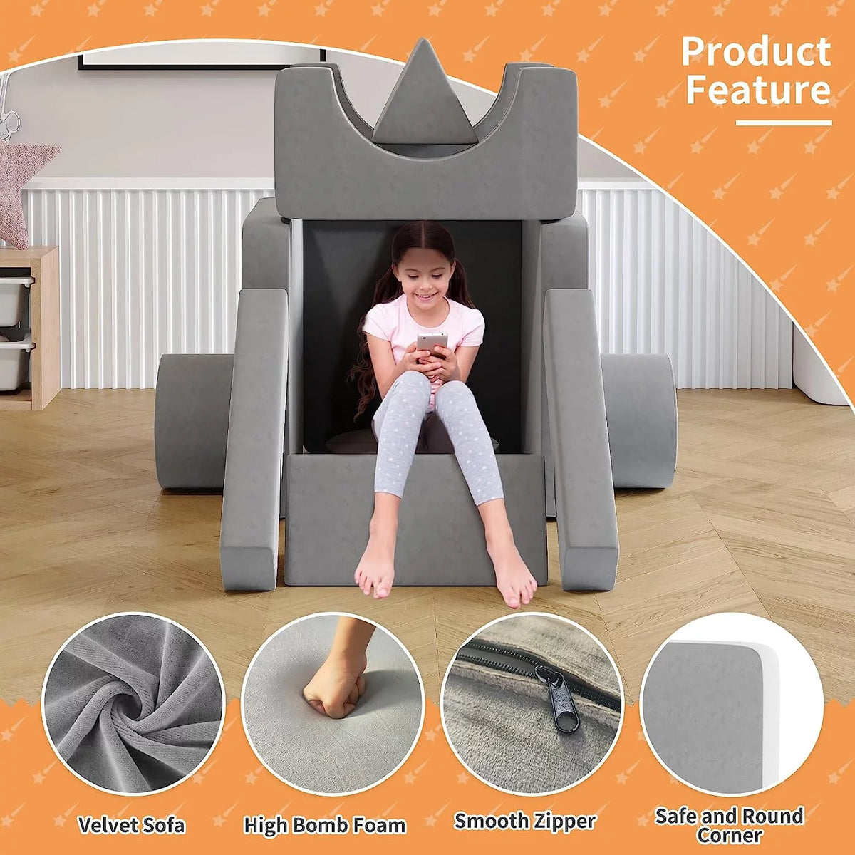 13Pcs Kids Couch, Toddler Couch, Fold Out Couch, Modular Couch, Gray E436570