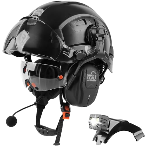 5 in 1 Vented Hard Hat Safety Helmet with Visor Bluetooth Ear Muffs and Headlamp N179