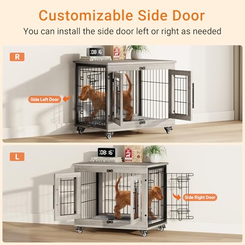 Grey Wooden Dog Crate 32'' with Cushion & Wheels Double Doors I4418