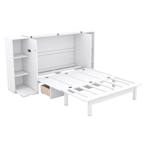 White Queen Size Wood Murphy Bed with Shelves and Storage Drawers A9127
