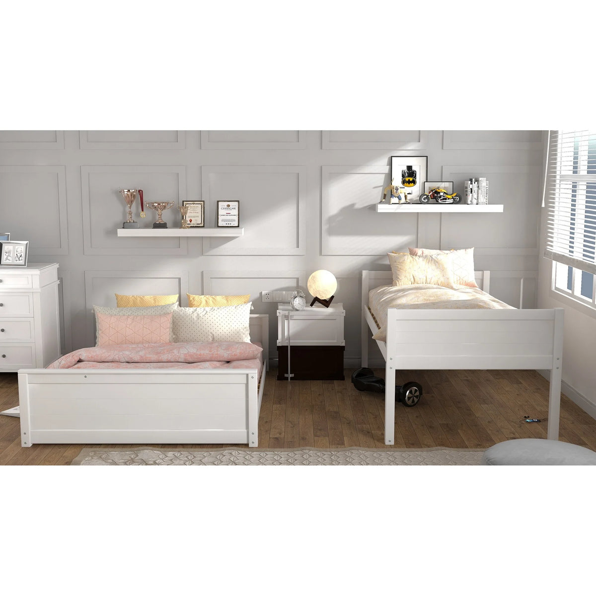 White Wood Twin over Full Bunk Bed with Mattresses T74031