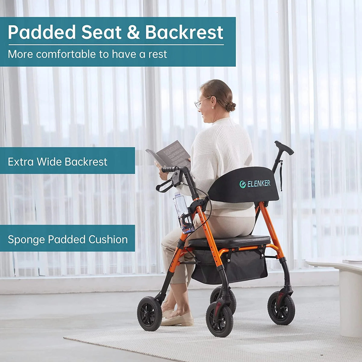 All-Terrain Rollator Walker with 8” Wheels, Height Adjustable, Padded Seat Backrest Cup Holder, Orange M8683