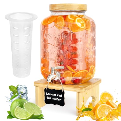 2 Gallon Glass Beverage Dispenser with Wood Stand and Stainless Steel Spigot F28120