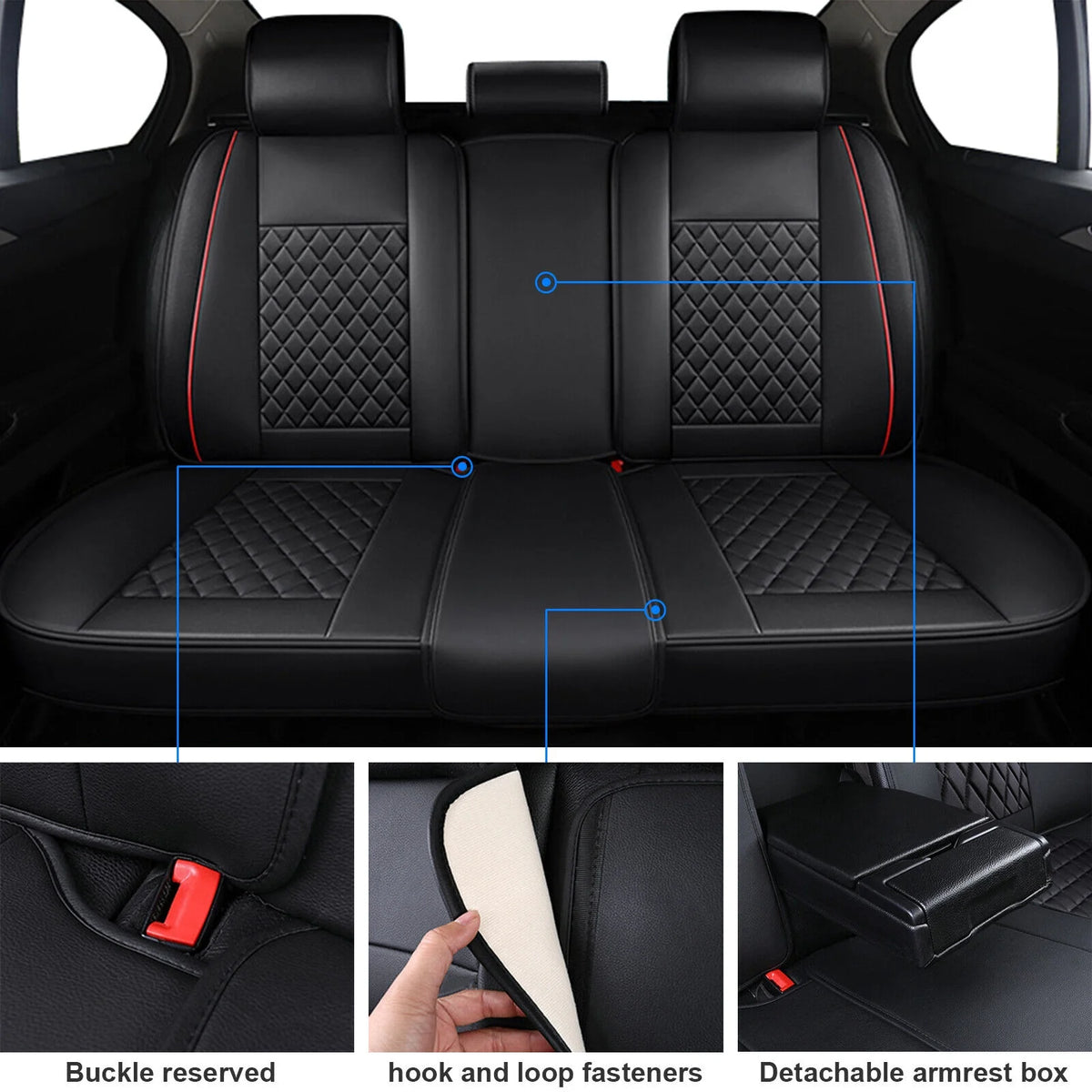 5 Seats PU Leather Car Seat Covers with 4 Pillows Black+Red M349340
