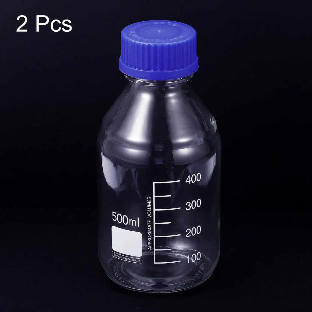 500mL Clear Graduated Glass Storage Bottle Blue Cap 2 Pack U44036