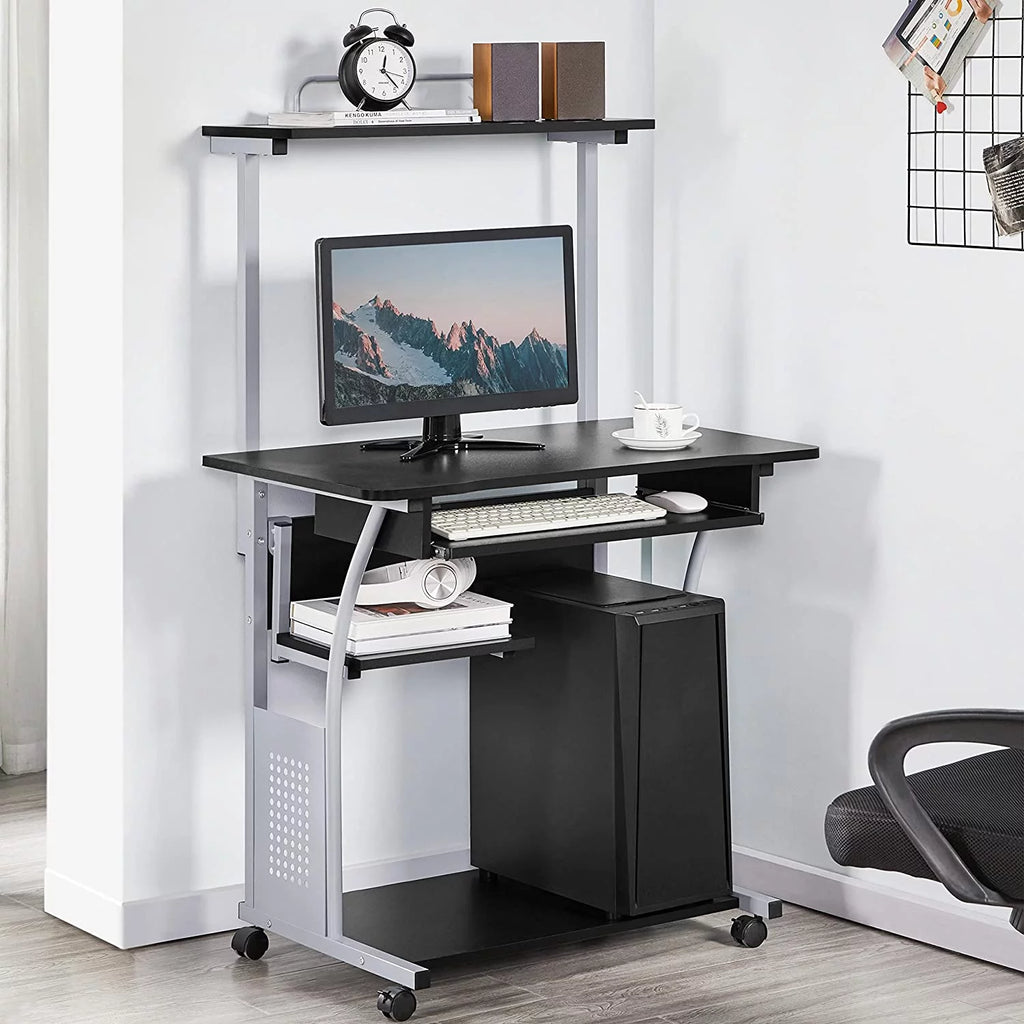 Black 2 Tier Rolling Computer Desk with Keyboard Tray I51112