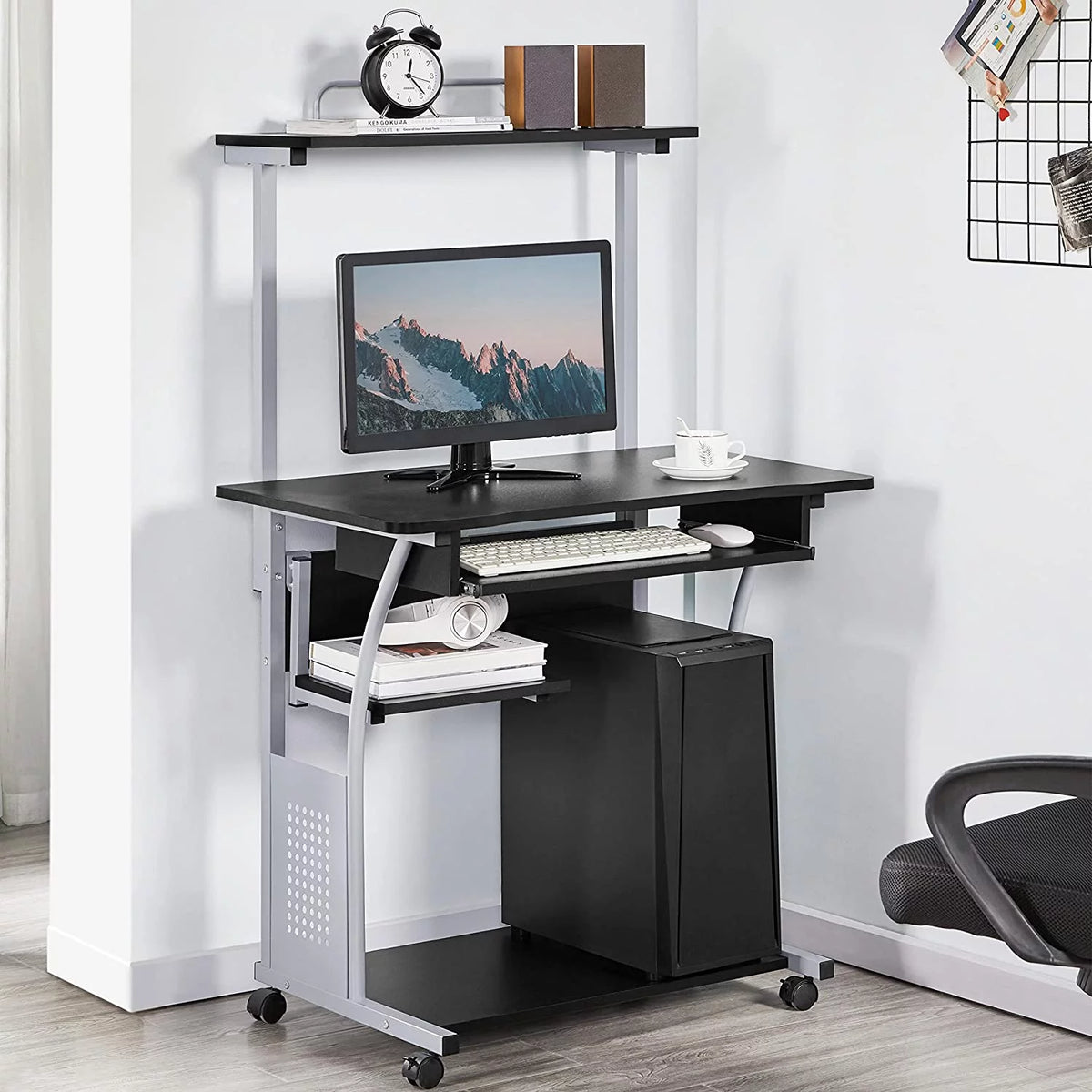 Black 2 Tier Rolling Computer Desk with Keyboard Tray I51112