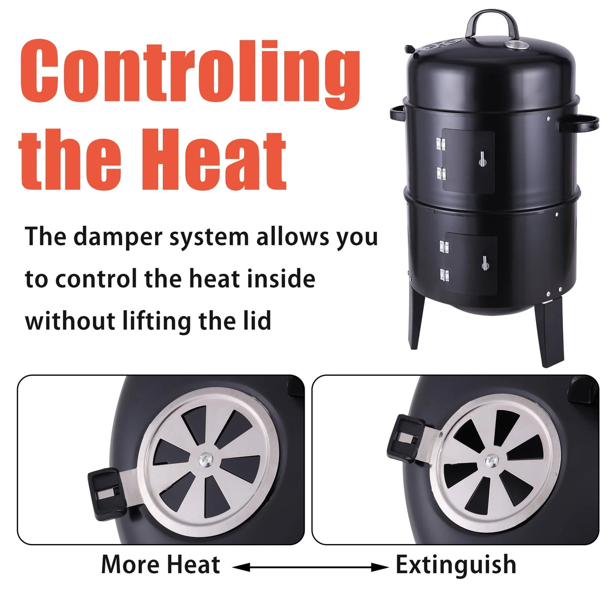3-in-1 Steel Charcoal Smoker BBQ Grill with Thermometer X79298