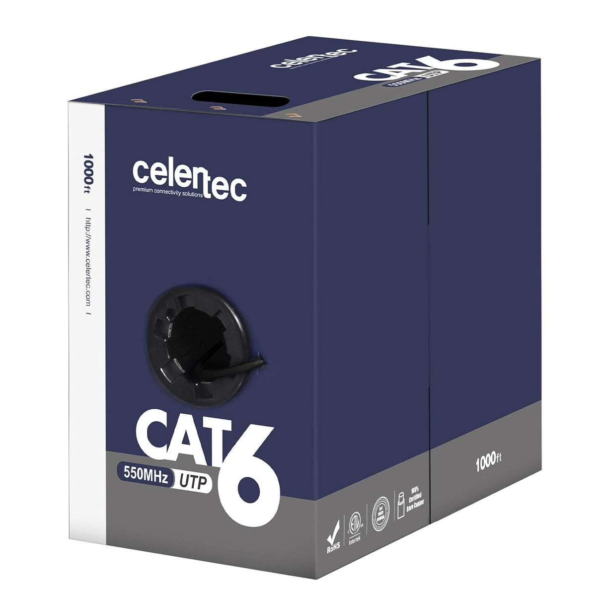 CAT6 Ethernet Cable, 1000ft, 23AWG Solid Bare Copper, UTP, Blue A292977