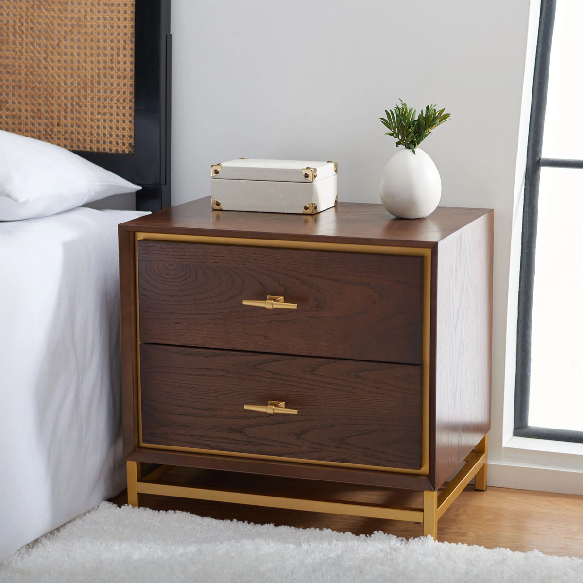 2 Drawer Walnut Brass Nightstand K941524