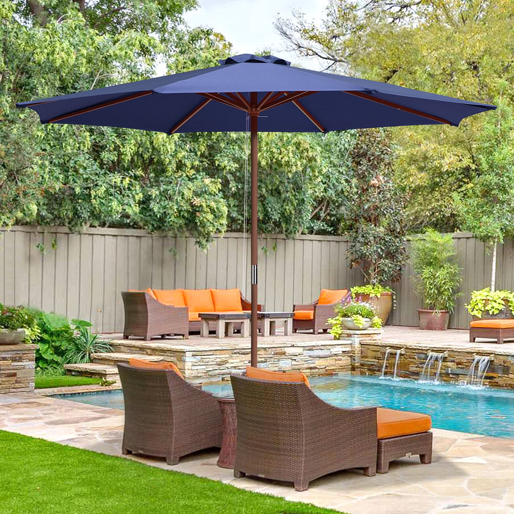 9ft Wooden Pole Patio Umbrella 8 Ribs J741804