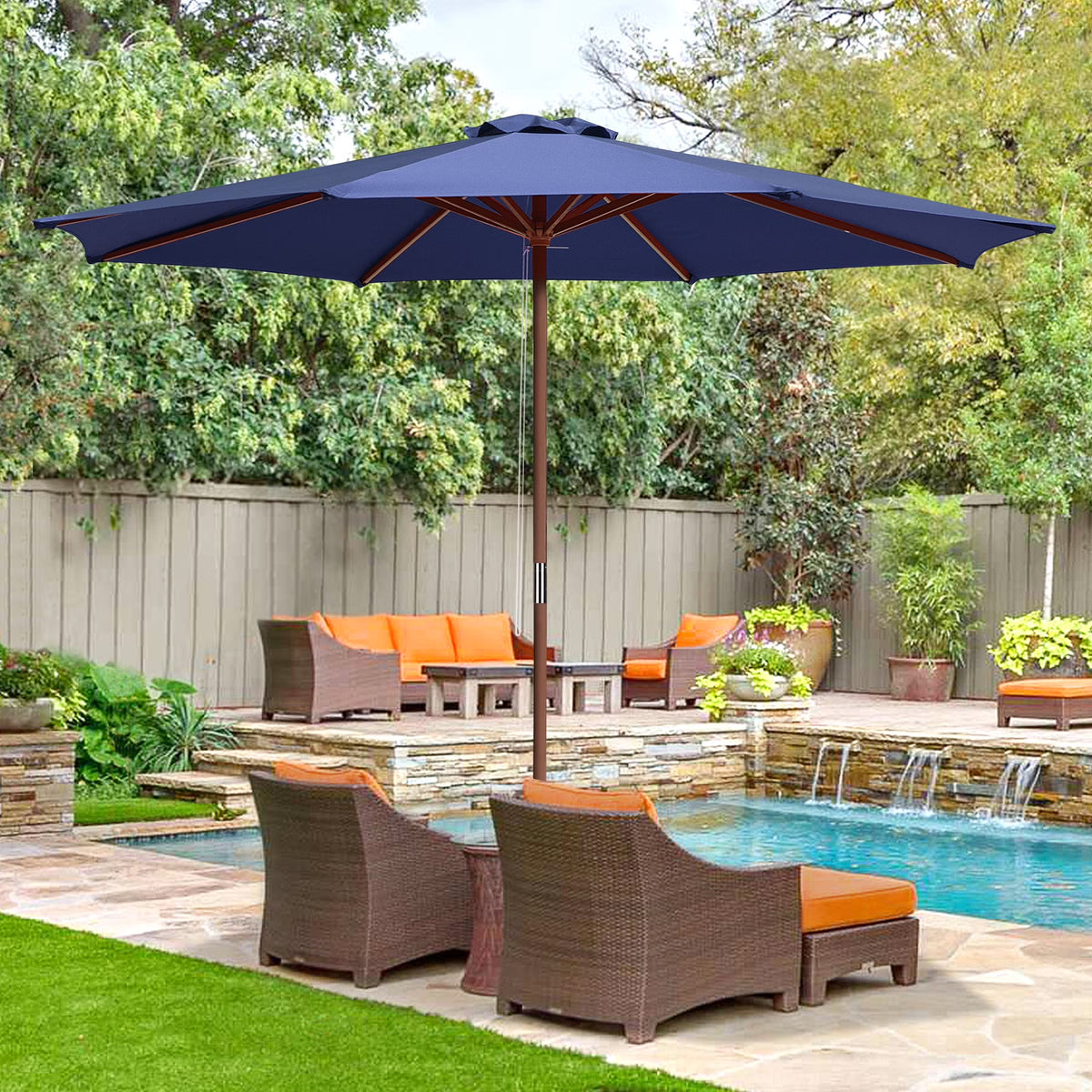 9ft Wooden Pole Patio Umbrella 8 Ribs J741804