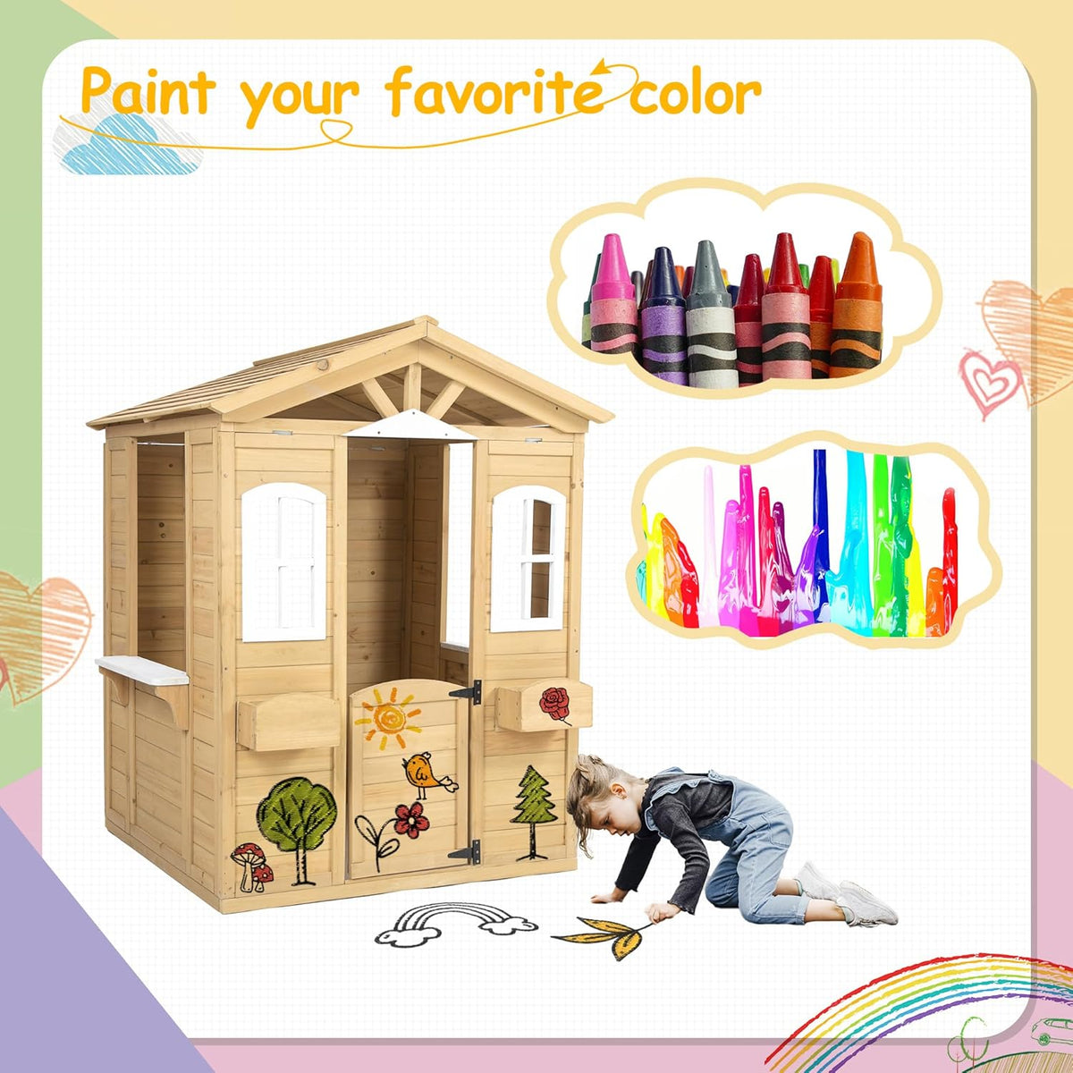 Wooden Outdoor Playhouse with Working Doors Windows & Mailbox, 39" x 38" x 55.5 K43007