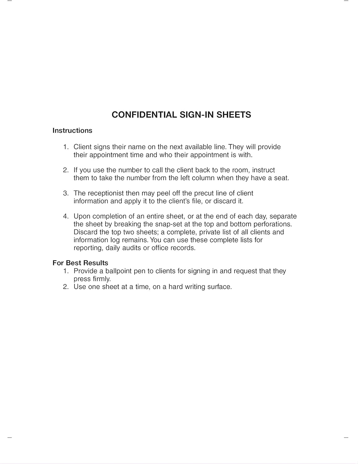 8-1/2 X 11 White Carbonless Sign-in Sheets (250 Sheets) K79328