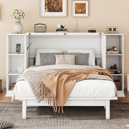 White Queen Size Wood Murphy Bed with Shelves and Storage Drawers A9127