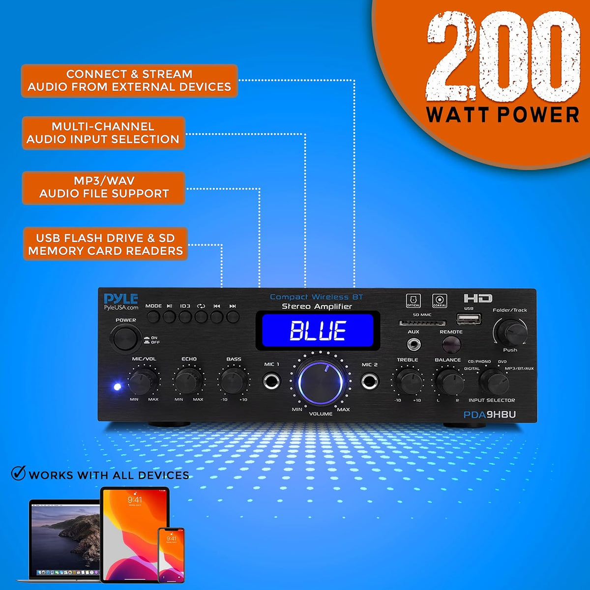200 Watt Multi-Channel Wireless Bluetooth Home Stereo Amplifier G4998