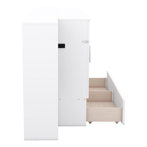 White Queen Size Wood Murphy Bed with Shelves and Storage Drawers A9127