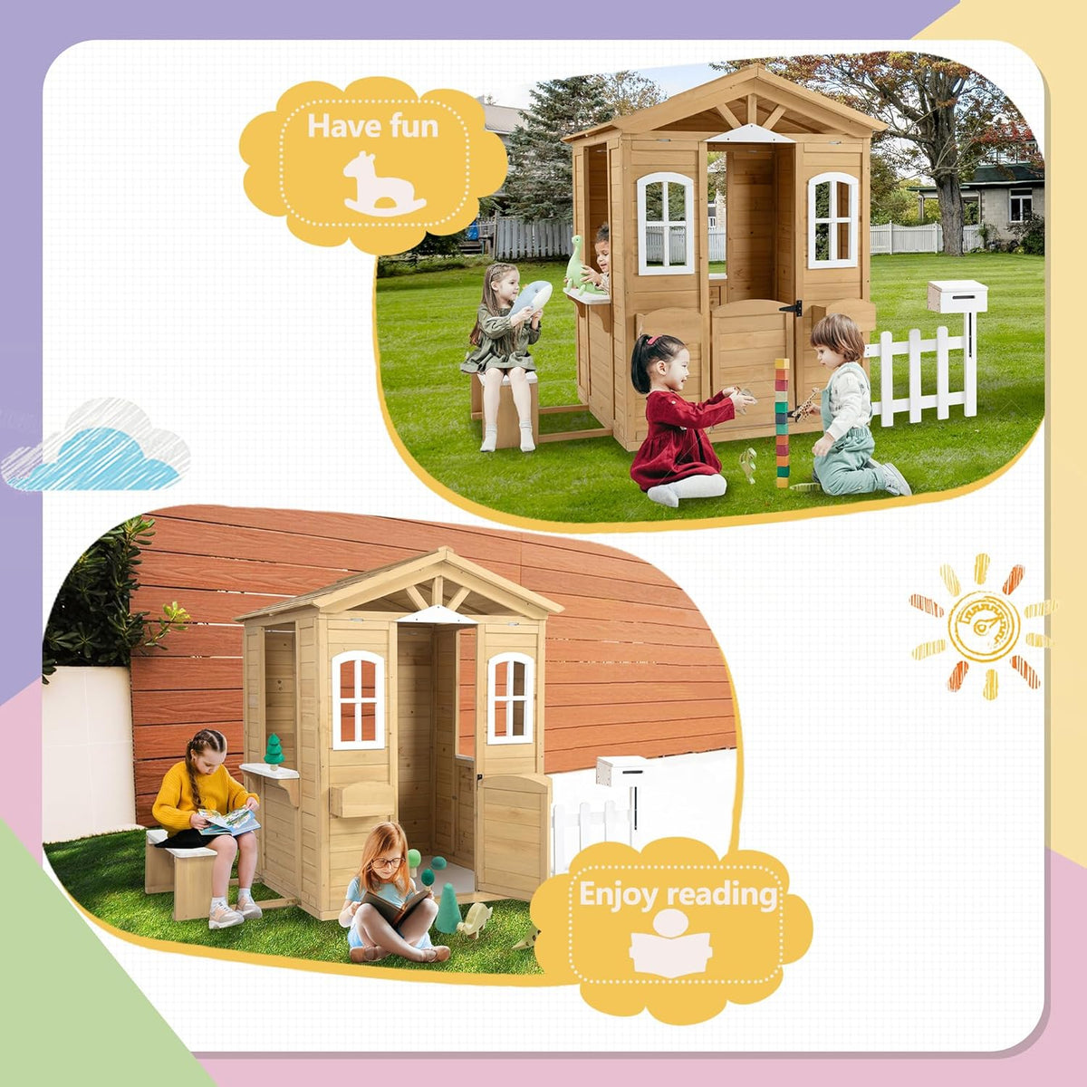 Wooden Outdoor Playhouse with Working Doors Windows & Mailbox, 39" x 38" x 55.5 K43007