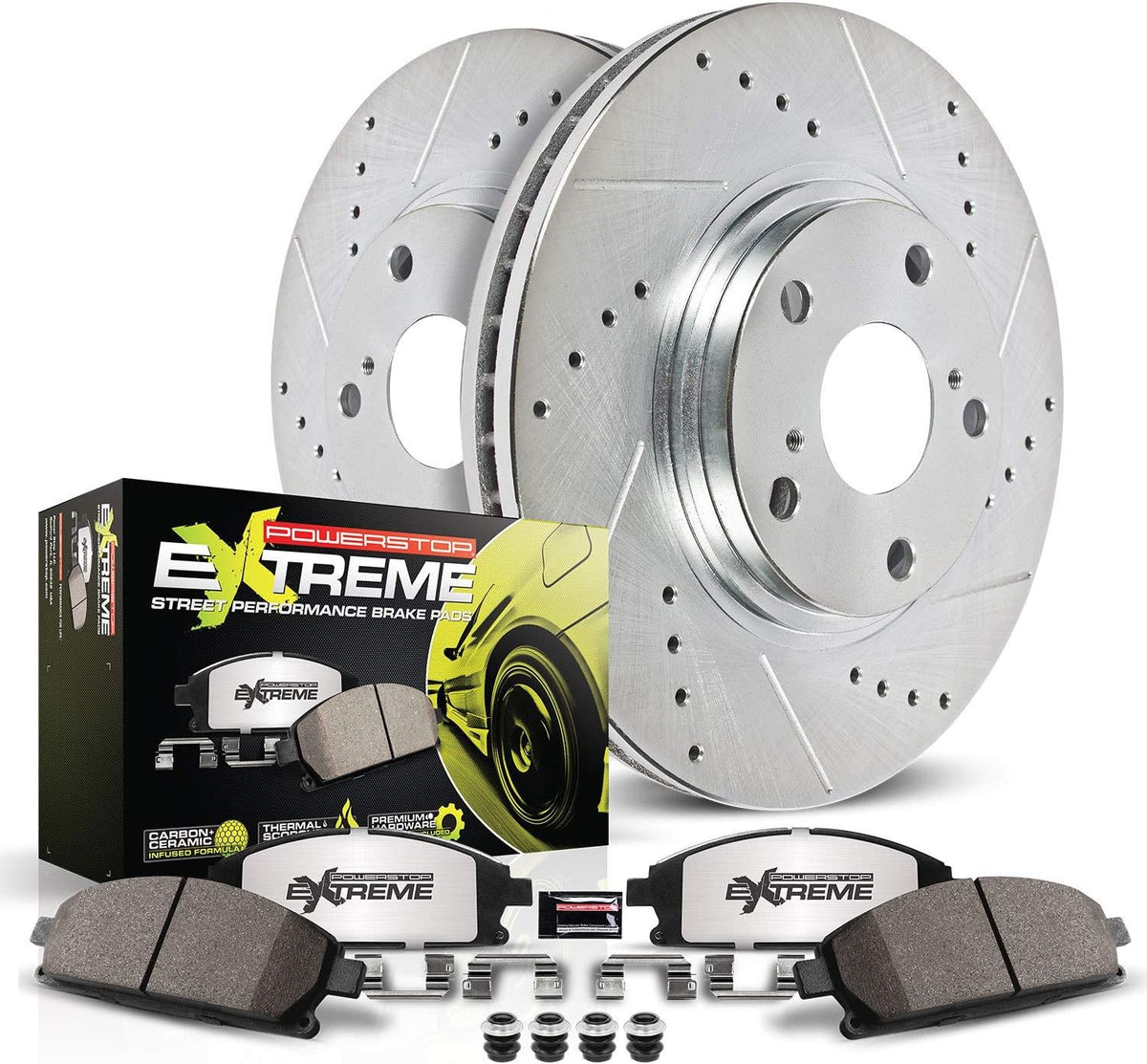 Front Carbon Fiber Brake Pads with Drilled & Slotted Brake Rotors Kit C32396
