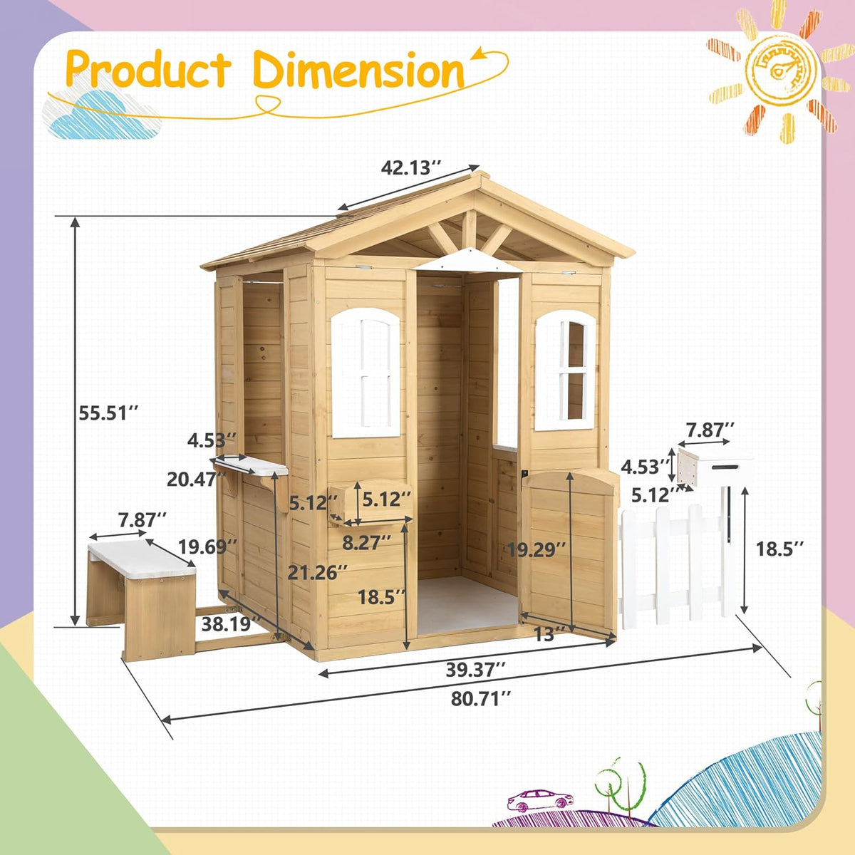 Wooden Outdoor Playhouse with Working Doors Windows & Mailbox, 39" x 38" x 55.5 K43007