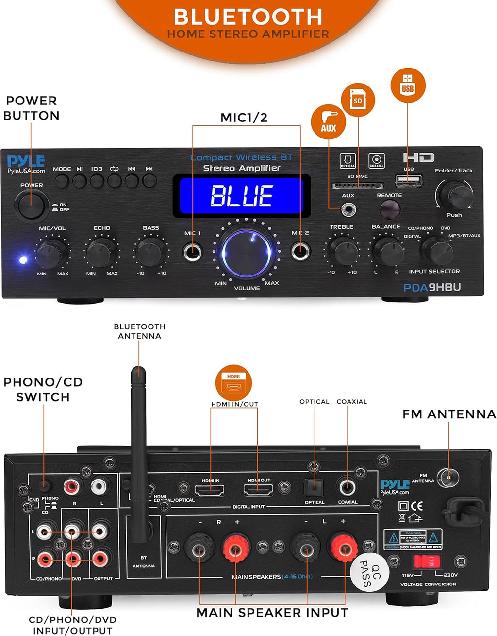 200 Watt Multi-Channel Wireless Bluetooth Home Stereo Amplifier G4998