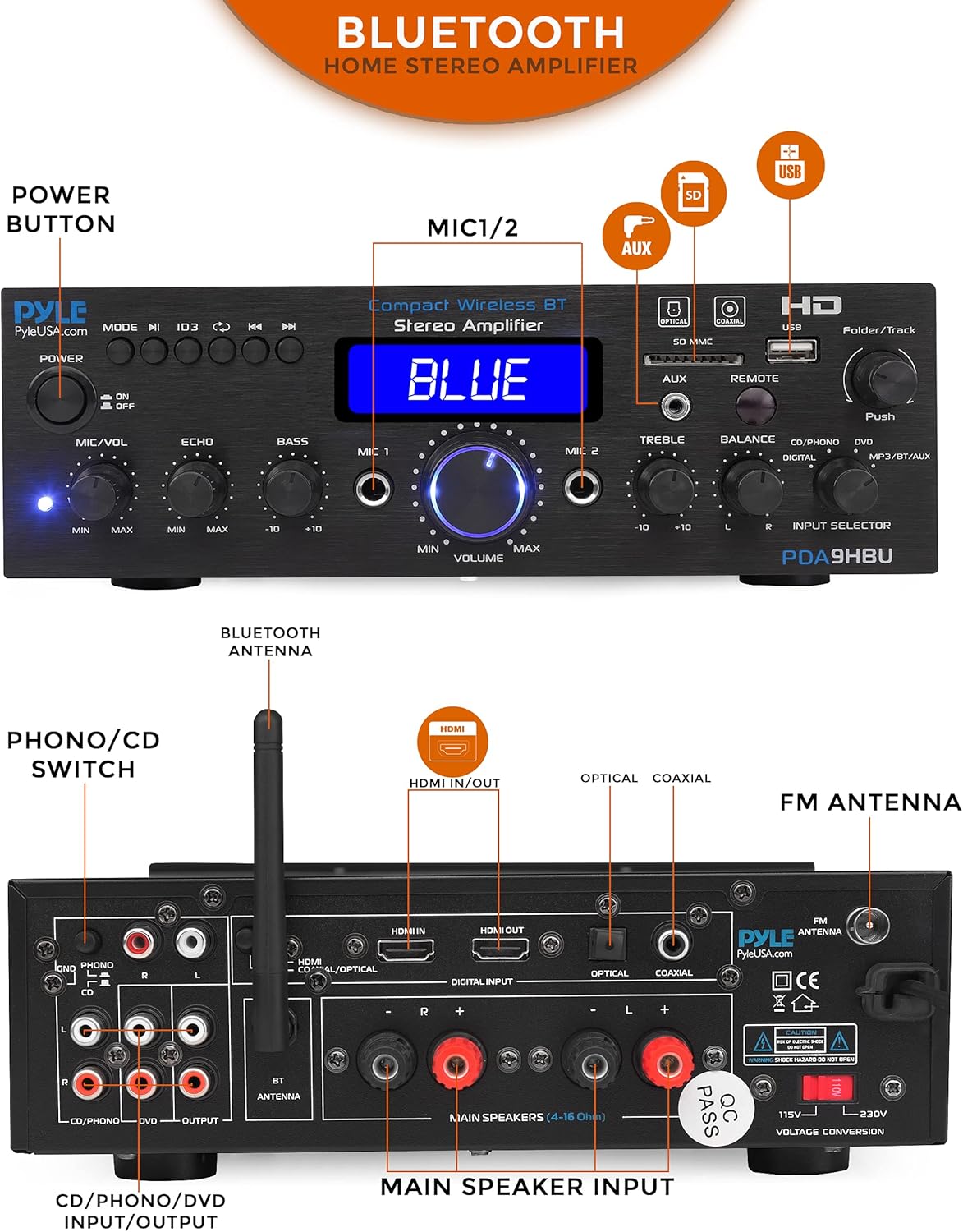 200 Watt Multi-Channel Wireless Bluetooth Home Stereo Amplifier G4998