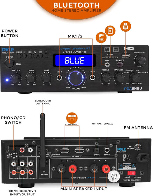 200 Watt Multi-Channel Wireless Bluetooth Home Stereo Amplifier G4998