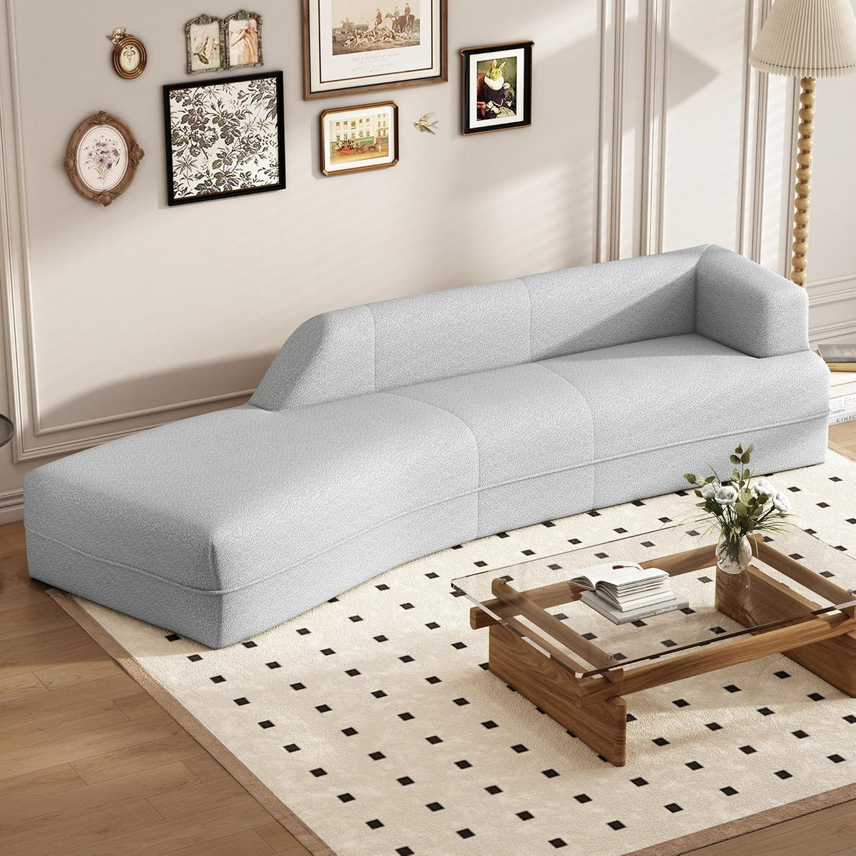 Gray Boucle Curved Sofa with Chaise Lounge L35292