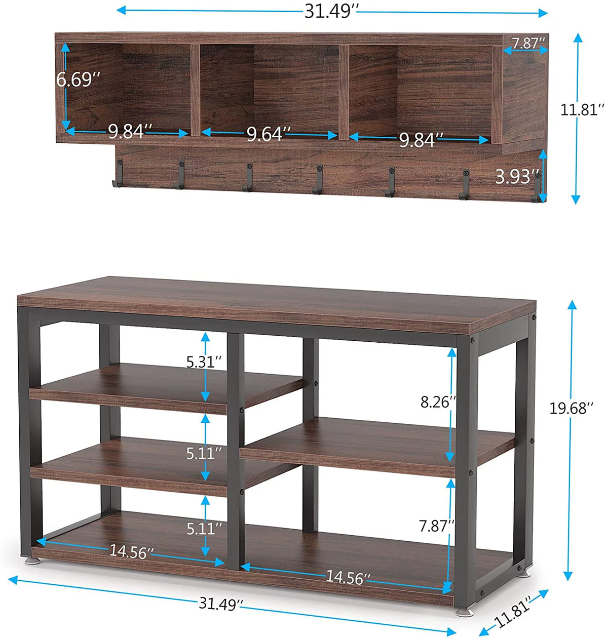 Hall Tree with Bench, 3 Storage Cubbies, 7 Hooks C8238