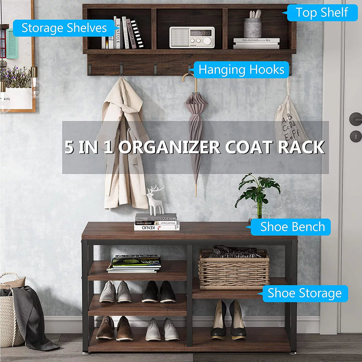 Hall Tree with Bench, 3 Storage Cubbies, 7 Hooks C8238