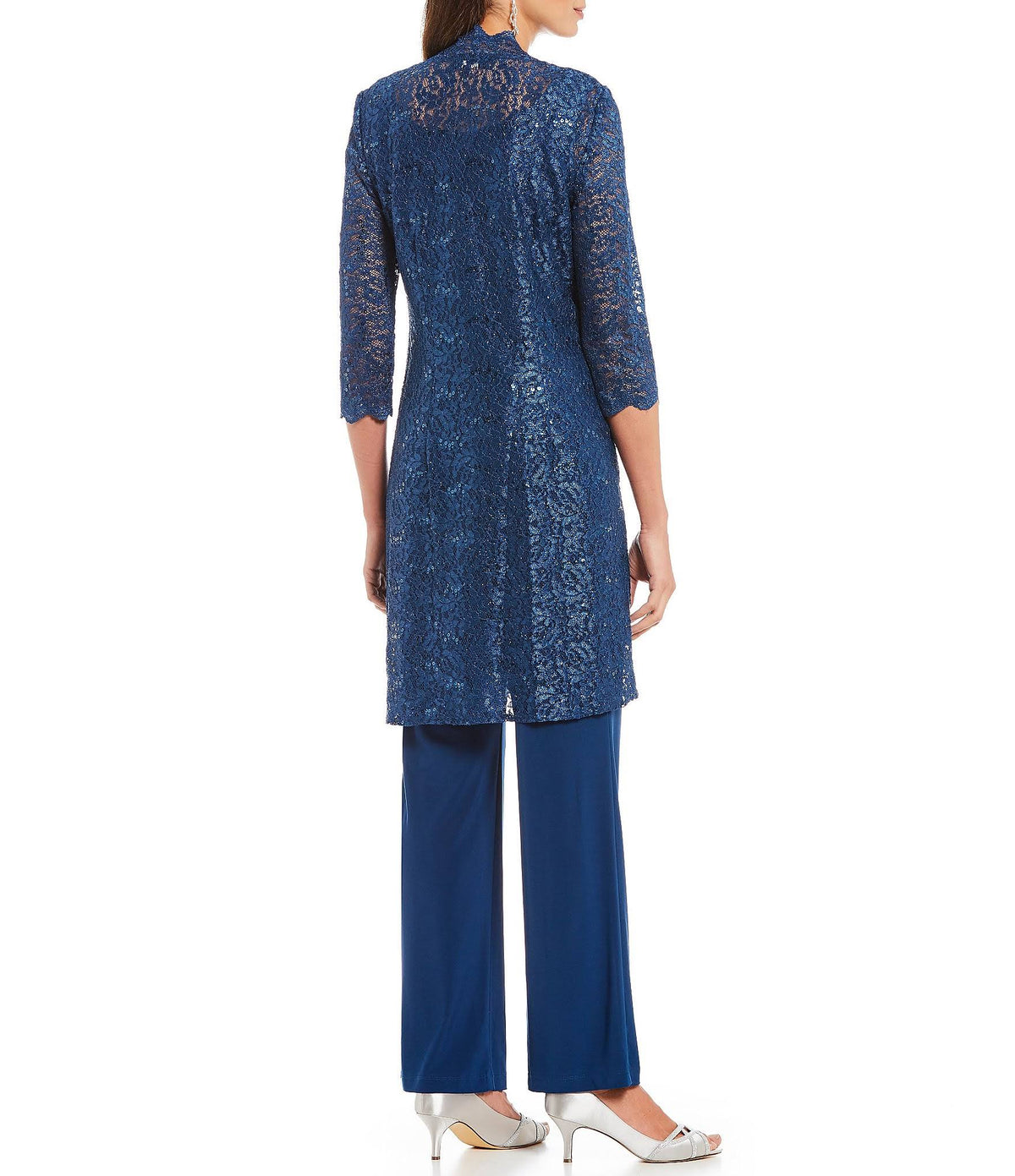 3-Piece Sequin Glitter Scallop Lace Duster Pant Set Y790