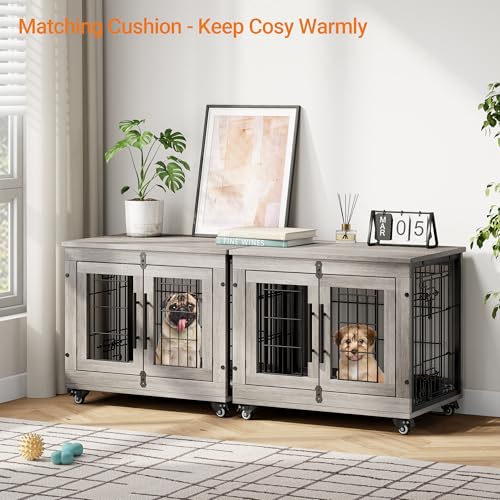 Grey Wooden Dog Crate 32'' with Cushion & Wheels Double Doors I4418