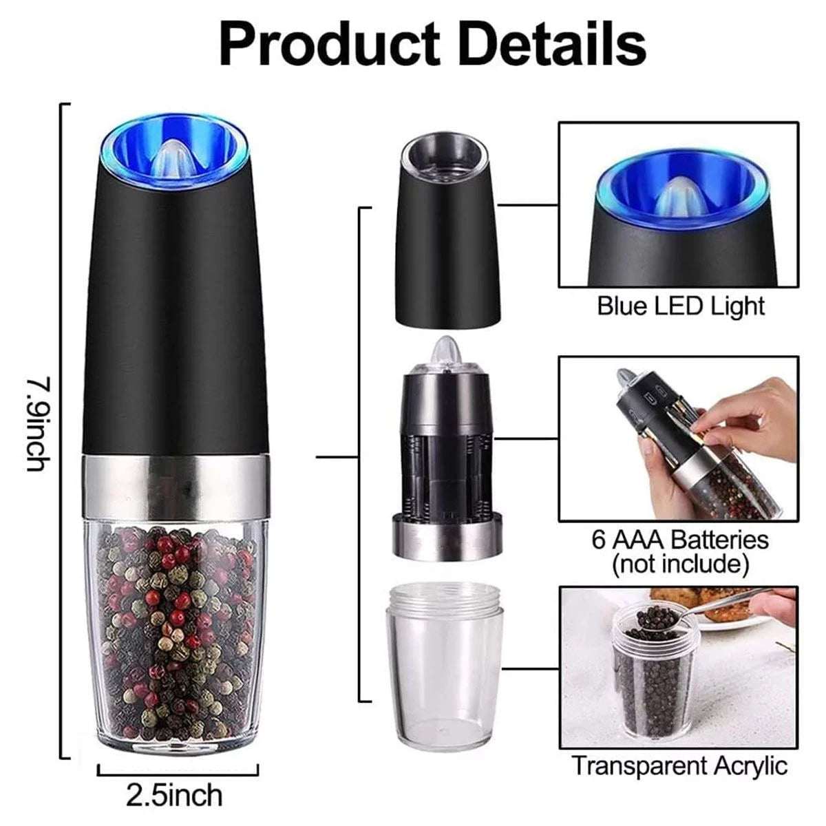2 Pack Electric Salt and Pepper Grinder Set with Adjustable Coarseness O8877
