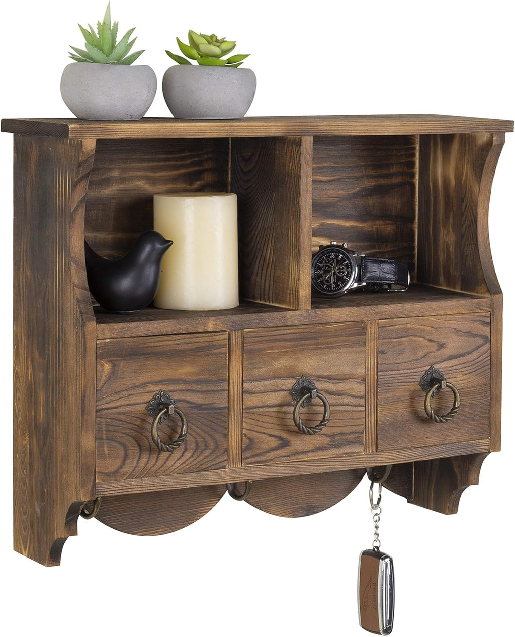 Torched Wood Wall Shelf with 3 Drawers and Key Hooks C921