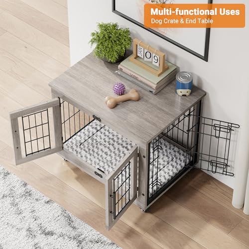 Grey Wooden Dog Crate 32'' with Cushion & Wheels Double Doors I4418
